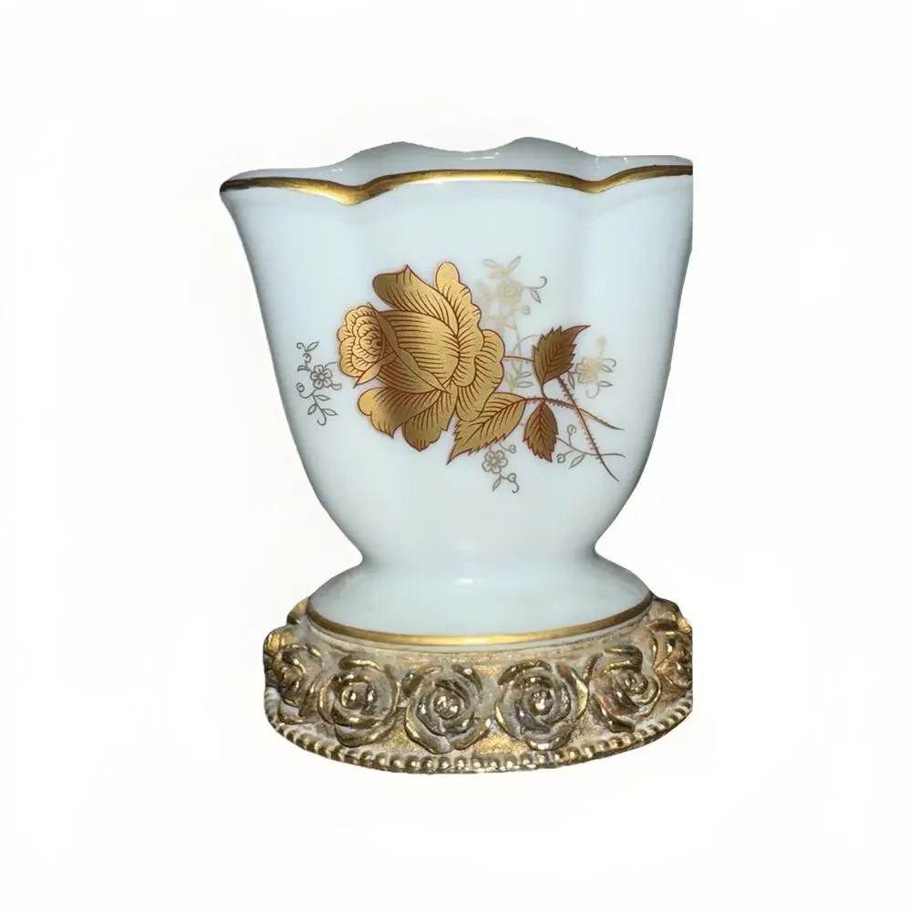 Vintage Heavy porcelain tooth brush holder White With Gold Roses Leaf 3.5 Inch
